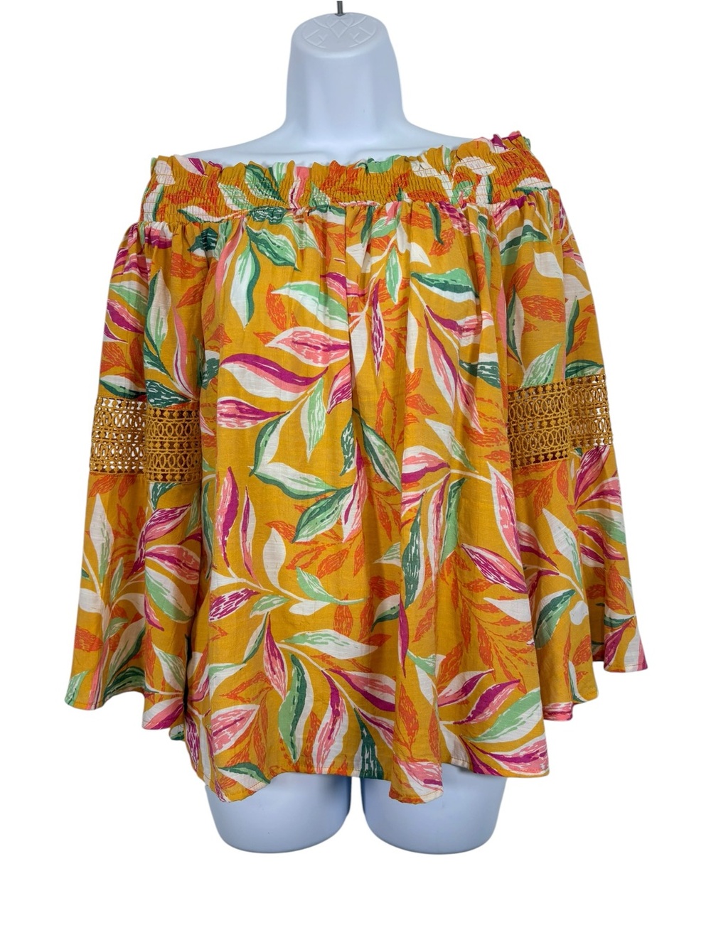 Emily Daniels XL Tropical Floral Off Shoulder Peasant Blouse Bell Sleeve Yellow